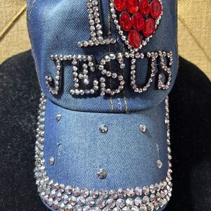 Embellished Denim Cap with Red and Silver Accents